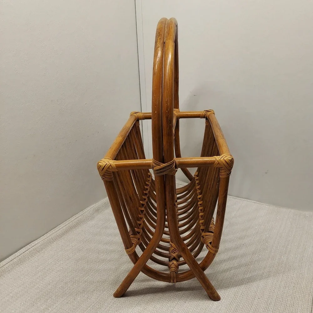 Vintage Rattan Bamboo Magazine Holder Rack Boho Style Basket Mid Century
